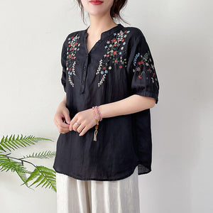 Áo sơ mi linen ngắn tay cổ V thêu hoa lá đối xứng - NU10157