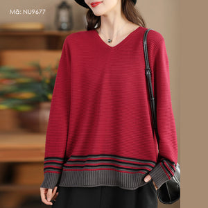 Áo len dài tay cổ V phối kẻ sọc - NU9676