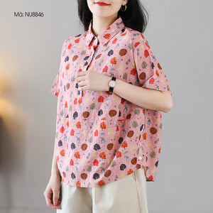 Áo sơ mi ngắn tay cổ đức in hoa lá retro khuy vạt - NU8845