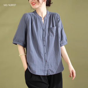 Áo sơ mi linen ngắn tay cổ đứng xẻ V một túi - NU8936