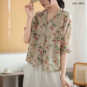Áo sơ mi linen ngắn tay cổ V in hoa lá bo ren - A892