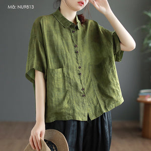 Áo sơ mi linen ngắn tay cổ đức túi vuông - NU9812