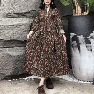 Đầm liền dài tay cổ V in hoa lá một túi - NU9359