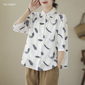 Áo sơ mi linen tay lửng cổ đức thêu retro in lông vũ - NU8568