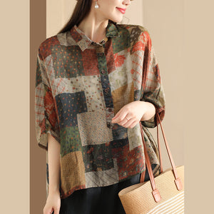 Áo sơ mi linen ngắn tay cổ đức in hoa văn ô vuông retro - NU10481