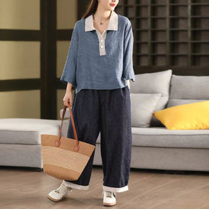 Áo sơ mi linen tay lửng cổ thủy thủ lệch màu - A939