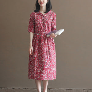 Đầm liền linen ngắn tay cổ pipi in hoa lá liti - NU10018