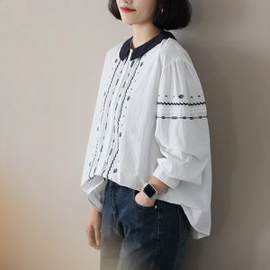 Áo sơ mi dài tay cổ tròn bẻ thêu hoa lá đối xứng - NU9074