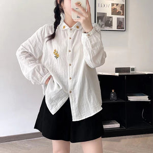 Áo sơ mi linen dài tay cổ pipi thêu hoa hướng dương - NU9725