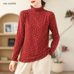 Áo T-shirt dài tay cổ lọ đính ren in hoa liti - NU9592