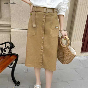 Chân váy retro bốn khuy cài kiểu xẻ trước kèm thắt lưng - V017