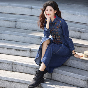 Đầm liền denim dài tay cổ cánh sen thêu hoa văn cân đối - NU9210