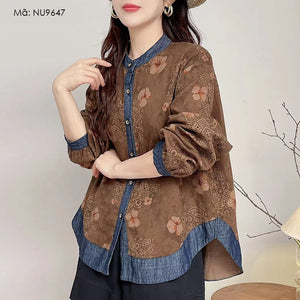 Áo sơ mi dài tay cổ đứng in hoa lá retro phối denim - NU9646