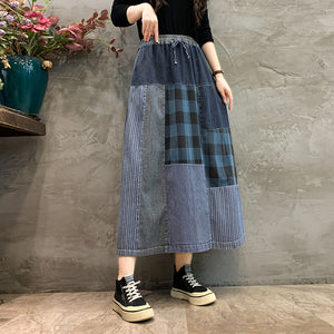 Chân váy denim retro lưng thun dây rút kẻ sọc caro - NU9762