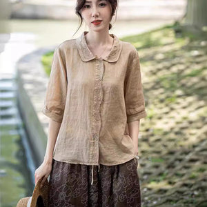 Áo sơ mi linen ngắn tay cổ cánh sen thêu hoa văn retro - NU10308