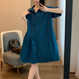 Đầm liền sơ mi ngắn tay cổ đức xếp ly một bên - D003