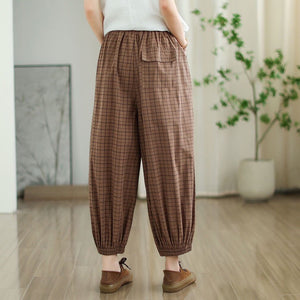 Quần baggy linen lưng thun ống bo chun kẻ caro - NU10265