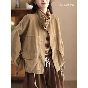 Áo khoác nhung retro dài tay cổ đứng dây rút - NU9557