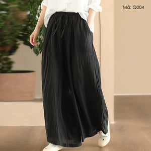 Quần baggy linen lưng cao thun in màu nước retro - Q003