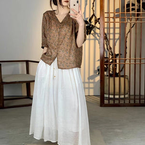 Áo sơ mi linen ngắn tay cổ V in retro nhiều khuy - NU10348