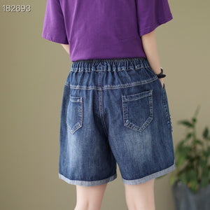 Quần sooc denim lưng thun thêu cô gái bên giỏ hoa - NU9881