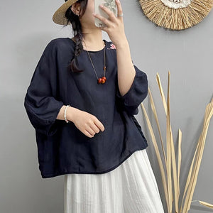 Áo T-shirt linen tay lửng cổ tròn thêu cá vàng - NU10000