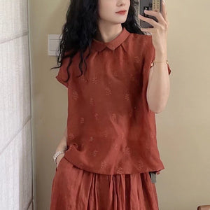 Áo sơ mi linen sát nách cổ pipi thêu hóa lá đồng màu - NU10264