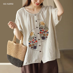 Áo sơ mi linen ngắn tay cổ tròn thêu hoa lá lệch - NU8949