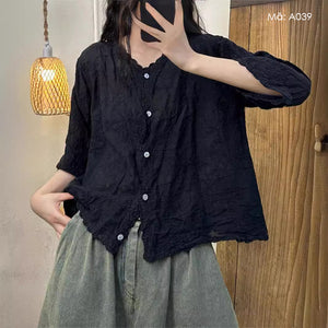 Áo sơ mi tay lửng cổ V thêu hoa lá - A037