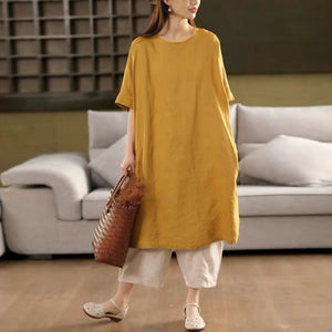 Đầm liền linen ngắn tay cổ tròn khuy vai - D078