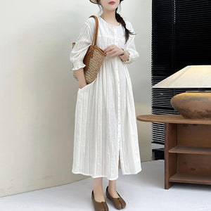 Đầm liền linen sơ mi tay lửng cổ tròn - NU10102