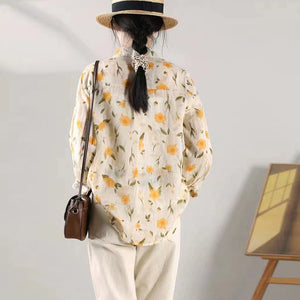 Áo sơ mi linen dài tay cổ đức in hoa lá - NU9626