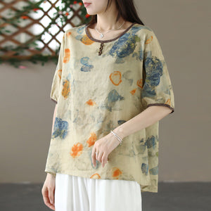 Áo sơ mi linen ngắn tay cổ tròn in hoa lá 3 khuy - NU10310