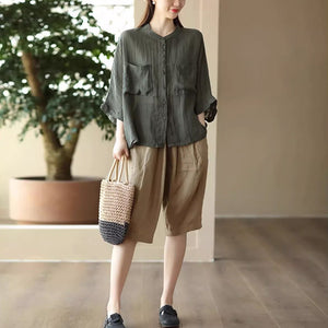 Áo sơ mi linen ngắn tay cổ đứng hai túi vuông - NU9092