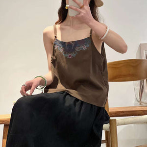 Áo T-shirt linen sát nách hai dây thêu hoa văn retro - NU9993