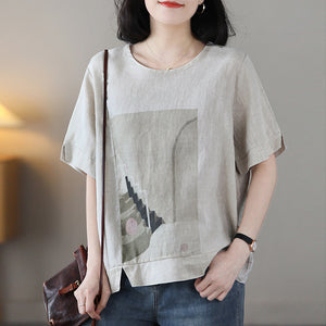 Áo T-shirt linen ngắn tay cổ tròn in trừu tượng - NU8780