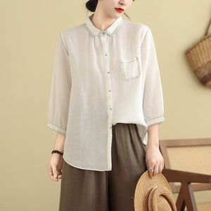 Áo sơ mi linen tay lửng cổ đức một túi chỉ nổi - A726