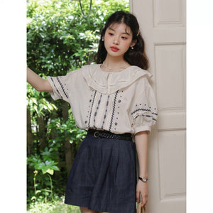 Áo sơ mi linen ngắn tay cổ lá sen thêu hoa văn retro - OD1627