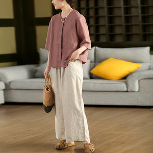 Áo sơ mi linen ngắn tay cổ tròn dấu khuy - A919