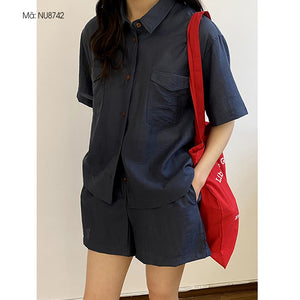 Bộ đồ linen gồm quần sooc và áo sơ mi ngắn tay cổ đức hai túi vuông - NU8741