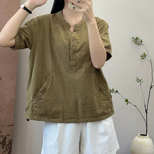 Áo sơ mi linen ngắn tay cổ tròn thêu retro vạt dây rút - NU10346