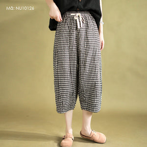 Quần baggy linen lửng lưng thun kẻ caro - NU10125