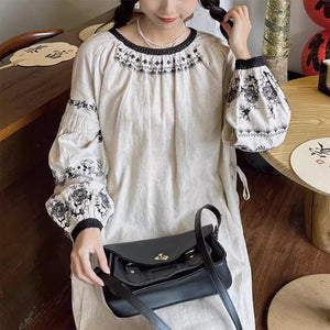 Đầm liền linen Morigirl dài tay cổ tròn thêu retro  - NU10334