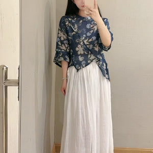 Áo sơ mi linen tay lửng hoa văn - A1019