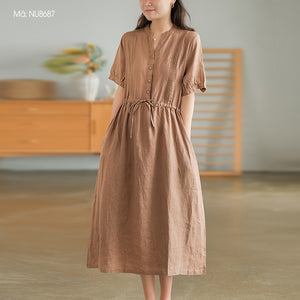 Đầm liền linen ngắn tay cổ V xếp ly đối xứng - NU8686