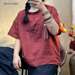 Áo T-shirt linen ngắn tay cổ tròn thêu mặt mèo - NU10426