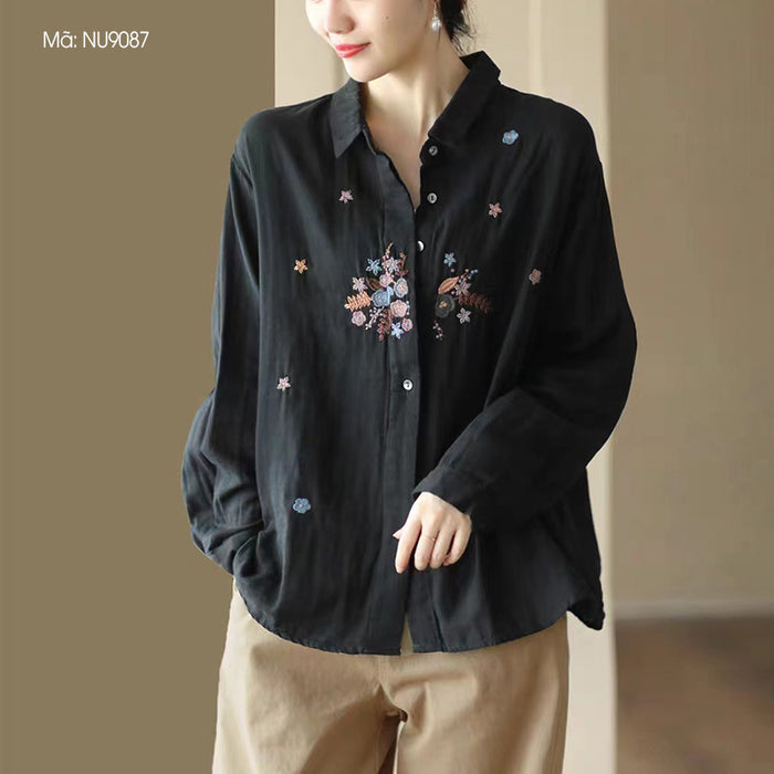 Áo sơ mi dài tay cổ pipi thêu hoa lá khuy ẩn - NU9086