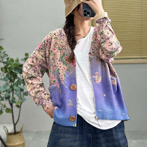 Áo khoác len cashmere dài tay cổ V in giàn hoa - A460