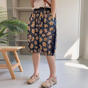 Quần baggy lửng denim lưng thun in hoa lá gấu túm - NU8876