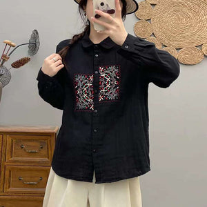 Áo sơ mi linen dài tay cổ đức thêu trang trí ô vuông - NU10347